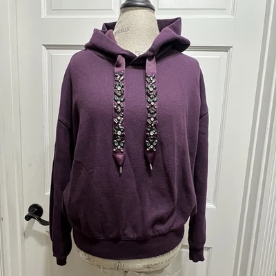 EXPRESS Sudadera con Capucha Recortada Púrpura Embellecida con Cuerdas de Estrás Talla L Foto 1 de 4