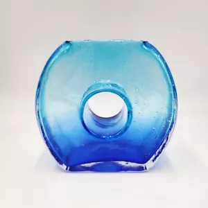 Hand Blown Art Glass Vase Blue Ombre Round Donut Hole Margie's Garden California - Picture 1 of 10