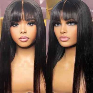 3x1 Middle Part Lace Wig Straight Full Machine Made Human Hair Wig with Bangs - Picture 1 of 11