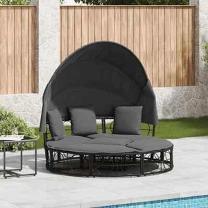 Outdoor-Loungebett mit Dach und Kissen Schwarz Poly Rattan - Bild 1 von 11