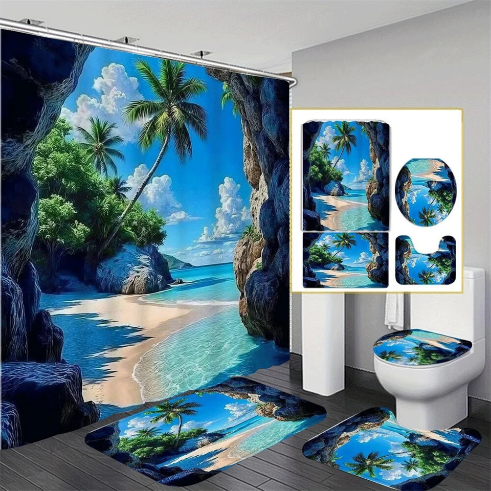 Alfombra de baño cortina de ducha 3D para árbol de playa nubes alfombra de baño tapa de inodoro cubierta decoración Foto 1 de 4