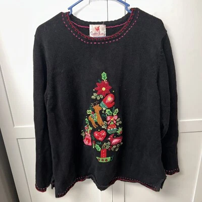 Quacker Factory Womens XL Black Knit Christmas Tree Heavy Pullover Sweater - Image 1 of 4