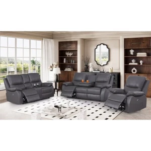 Alexent Recliner Leather Sofa 3 Pieces Power Reclining Home Theater Seating Gray - Picture 1 of 10