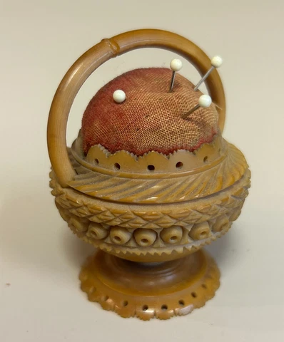 ANTIQUE  PIN CUSHION CARVED Basket shape TAGUA NUT SEWING Cover