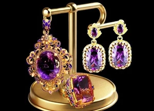 Vintage Style Jewelry Set Pendant Ring Earrings Zircon 14k Gold 65mm Gift - Picture 1 of 10