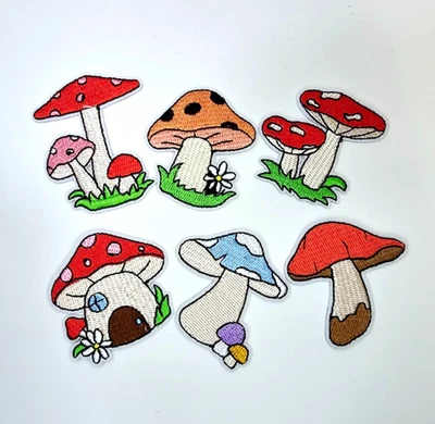 6 Groovy Embroidered Mushroom Patches Cottagecore Fairycore Toadstool Iron Sew - Image 1 of 4