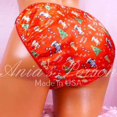 Sissy Satin Panties for MEN - Christmas Red Santa Doggy shiny String Bikini - Image 1 of 4