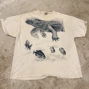 Vintage 90s Nature Crocodile Wrap Around Tshirt Mens 2XL Tan *Stains - Picture 1 of 9