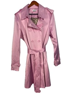 Vtg 2000 Joan Rivers Satin Trench  Coat XL Pink Leopard Lining Dbl Breasted Y2K - Picture 1 of 13