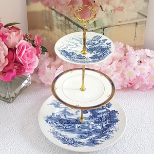 Handmade Blue & White 3-Tier Cake Stand Pastoral Countryside Dessert Tea Tray - Picture 1 of 12