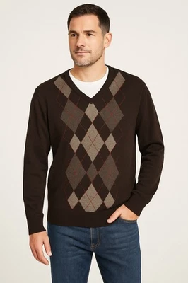 Merona Men’s XL 100% Merino Wool Argyle V-Neck Sweater Brown Gray Red  Classic - Image 1 of 3