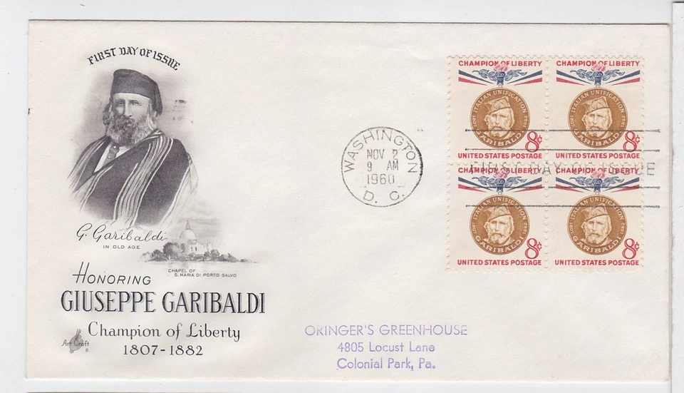 TurtlesTradingPost- Guiseppe Garibaldi 8 Cent 1960 FDC #1169 Artcraft Block of 4 - Image 1 of 1
