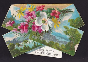 Tarjeta de felicitación victoriana de Navidad vista ciudad ramo flores c.1890 - Imagen 1 de 2