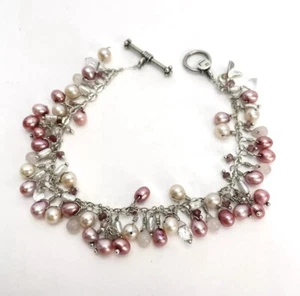 Breast Cancer Awareness Sterling Silver Pearl 7.5" Bracelet Retired Laura Gibson - Foto 1 di 7