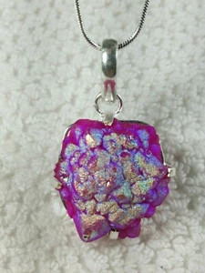 1.5" PINK IRIDESCENT TITANIUM DRUZY AURA QUARTZ STERLING SILVER PENDANT NECKLACE - Picture 1 of 12
