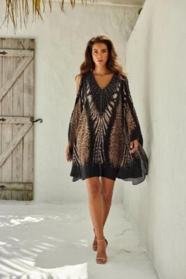 Kaftan Tunic top Black Brown Leopard print Elegant Beach summer free style - image 1 of 4