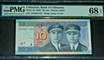 2007 LITHUANIA 10 LITU PMG68 EPQ SUPERB GEM UNC  <P-68>  - Image 1 of 2