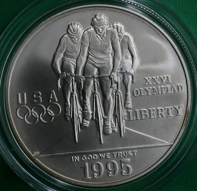 1995 D Olympics Cycling BU 90% Silver Dollar Commemorative Biking Coin ONLY - Image 1 of 2