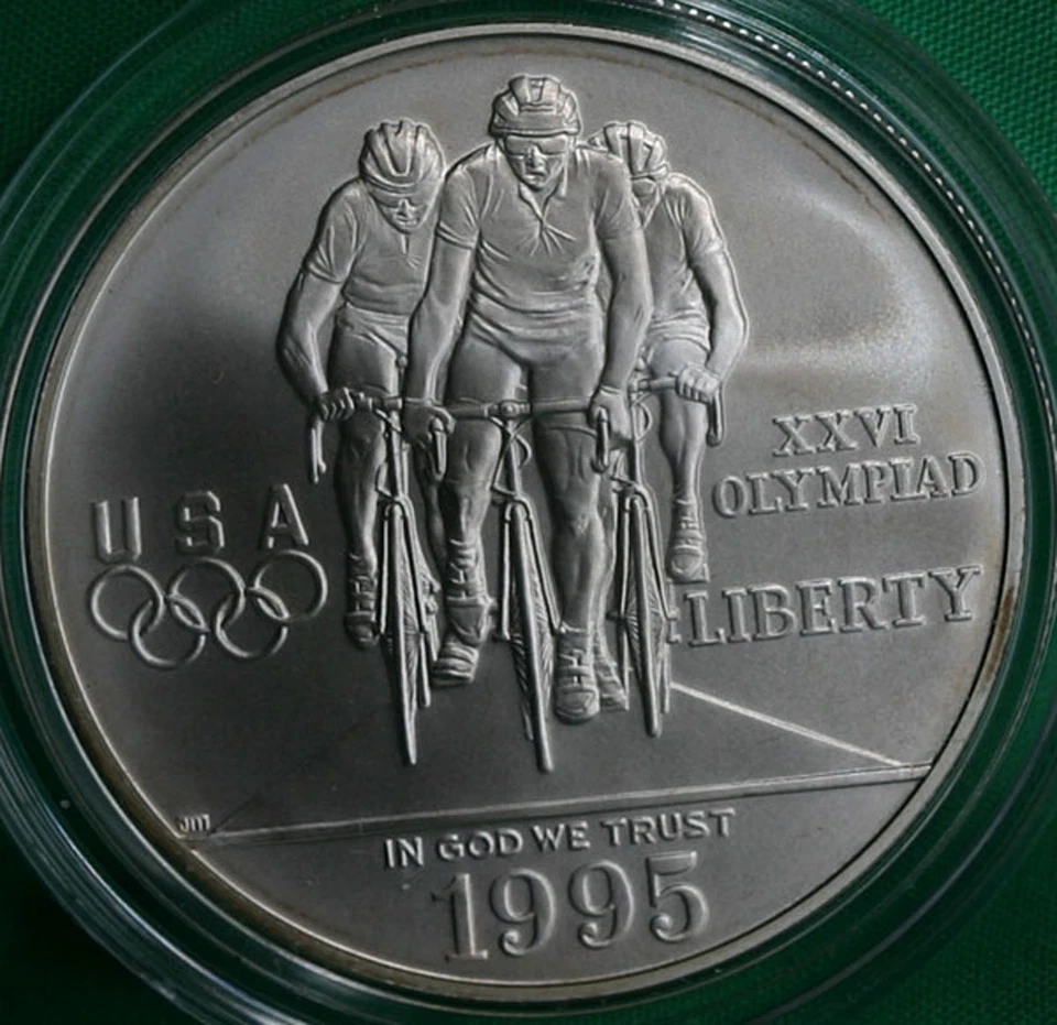 1995 D Olympics Cycling BU 90% Silver Dollar Commemorative Biking Coin ONLY - Image 1 of 2