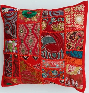 Indian Handmade Orange 16X16 Patchwork Cushion Cover Embroidered Sari Cushion - Picture 1 of 3