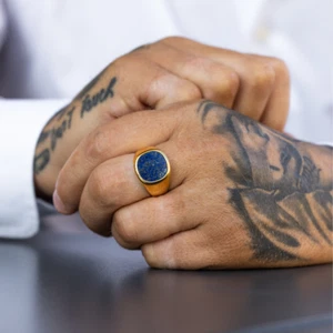 Lapis Lazuli Mens Ring, Gold Plated Wedding Ring, Blue Signet Men's Silver Ring - Picture 1 of 6
