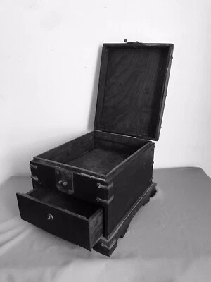 NICE ANTIQUE CHINESE WOOD  LIFT TOP BOX WITH DRAWER BRASS MOUNTS AND DOVETAILED - Image 1 of 4