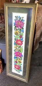 LARGE Vintage Ready To Hang Framed Floral Vintage Embroidery Cross- Stitching - Picture 1 of 4