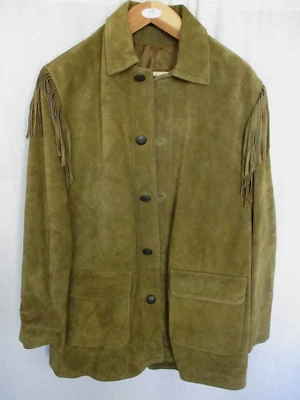 Chaqueta de cuero vintage J. Peterman para hombre grande musgo marrón flecos estilo occidental Foto 1 de 4