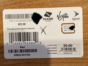 Sprint/Boost/Virgin nano sim card SIMGLW416Q 80.02a - Photo 1 sur 1