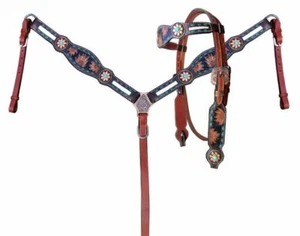 Showman Tooled Sunflower Headstall Breast Collar Set With Cowhide Inlay and Buck - Picture 1 of 1