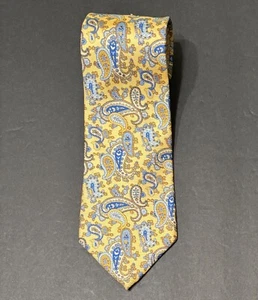 Paul Fredrick Tie Yellow Bkgrd Blue Paisley Italian Silk Hand Tailored in USA - Picture 1 of 8