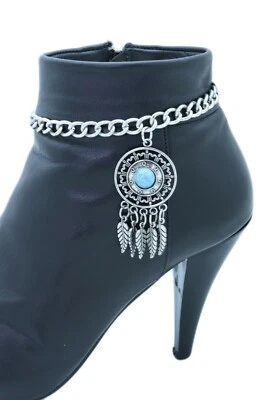 Mujer Plata Metal Cadena Bota Pulsera Zapato Pluma Vintage Dije Azul Turquesa Foto 1 de 4