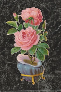 Olla de chatarra victoriana troquelada en relieve tamaño mediano dos rosas y brotes rosas 4,25x2,5" - Imagen 1 de 2
