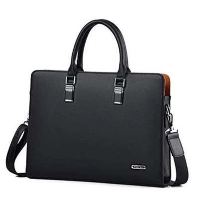 ]Business Bag Leather Briefcase Shoulder Laptop Business Bag for Men Black - Image 1 of 4
