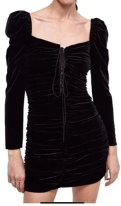 Zara Black Velvet Mini Dress Puff Sleeve Small Peasant Cottage Whimsigoth Vampy - Picture 1 of 7