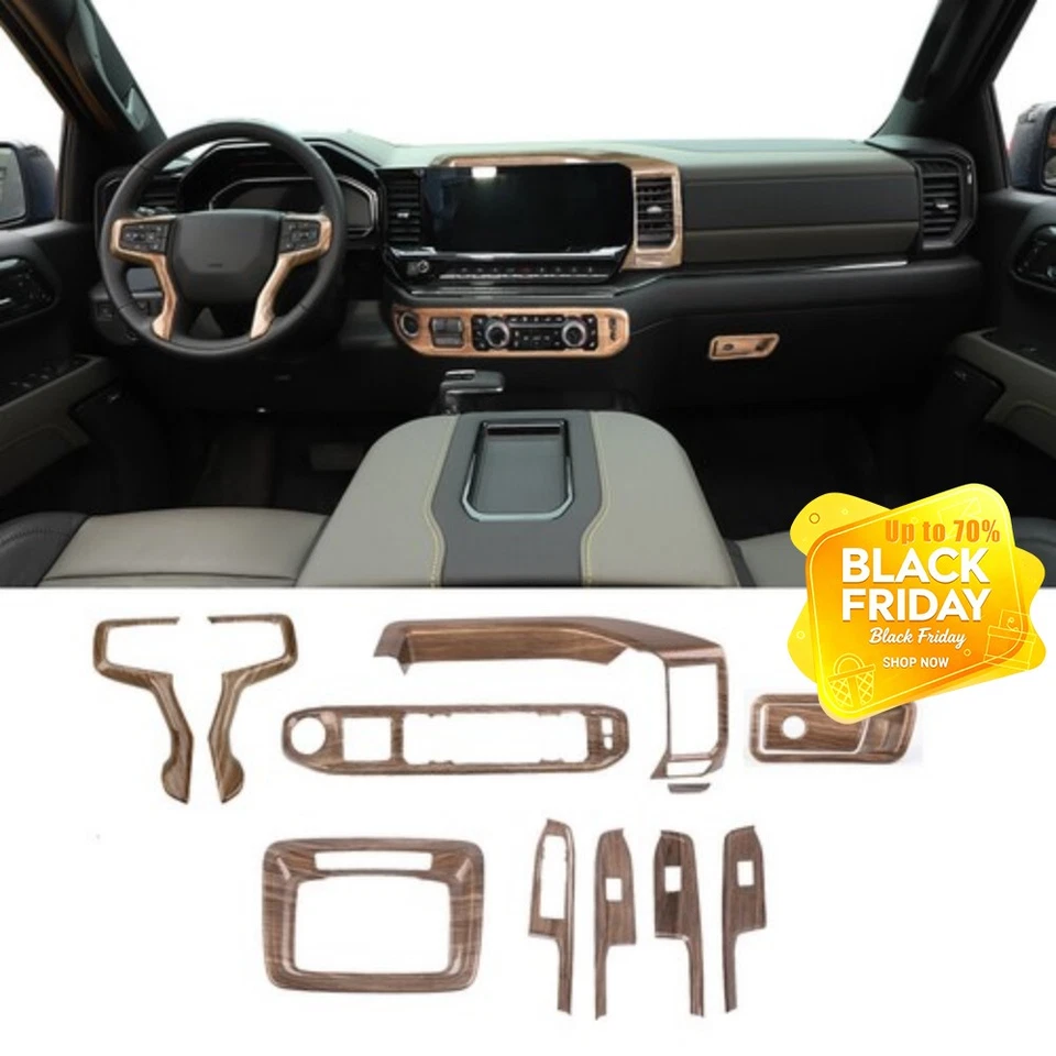 Center Console Interior Dash Trim For Chevy Silverado 2022-2025 Wood Grain 12pcs - Image 1 of 4