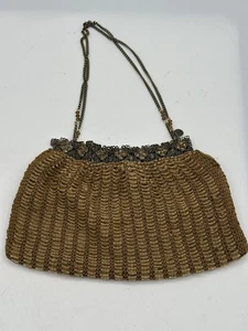 BOLSO DE NOCHE DE COLECCIÓN CLARA KASAVINA MARRÓN CLARO CON CUENTAS CRISTAL MONEDERO POCHETTE - Imagen 1 de 12