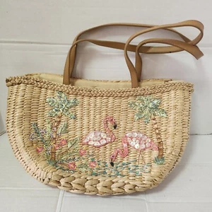 Vintage 2003 Cappelli Straworld Sequin Flamingo Palm Tree Floral Straw Purse Bag - Picture 1 of 16