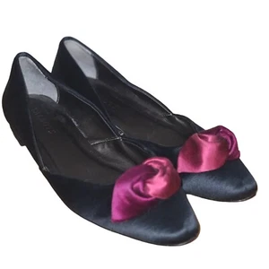 Talbot Black Satin Pointed Toe Flats w Purple Satin Bow Women’s Sz 6 1/2 M SB11 - Picture 1 of 12