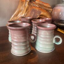Set 6 Vintage John Herbon Pottery Coffee Cups Mugs Purple Green Swirl 1986 5”