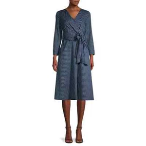Lafayette 148 New York Penelope Series Striped Faux-Wrap Dress Navy Blue Size 4 - Picture 1 of 17
