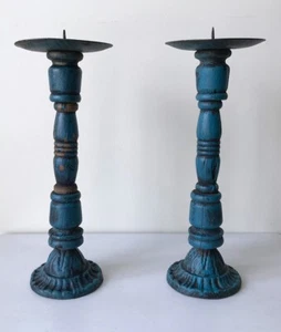 Vintage Pair Shabby Chic Chippy Blue Brown Cast Iron/Wood Candle Holders 10.5" - Picture 1 of 18