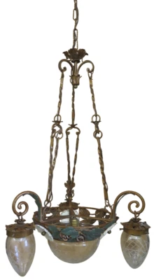 LAMPADARIO IN FERRO BATTUTO FORGIATO A MANO CON FIORI E TULIP VETRO VINTAGE ch - Immagine 1 di 4