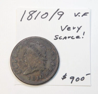 RARE 1810 / 9 LARGE CENT SCARCE OVERDATE! TOTALLY ORIGINAL!  V.F. GREAT STRIKE!⭐ - Image 1 of 4