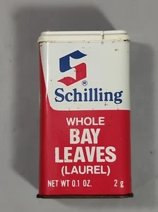 Vintage Schilling INTERA BAIA FOGLIE ALLORO metallo spezie latta 0,1 oz made in USA vuoto - Foto 1 di 9