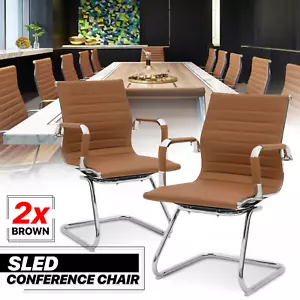 2pcs Brown Leather Ergonomic Guest Side Chair Office Meeting Room Reception Seat - Picture 1 of 9