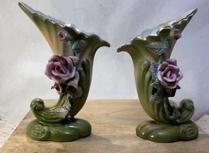 Pair Of Vintage Made In Japan Floral Vases-Roses- Pink/Green - Picture 1 of 8