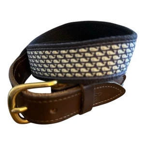 Vineyard Vines Blue Mini Whales Belt Sz 25 Up To 28 Brown Leather Brass Buckle - Picture 1 of 7