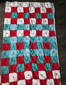 Vintage Handmade Red Teal White Squares Patchwork 59x69 Quilt - Picture 1 of 11
