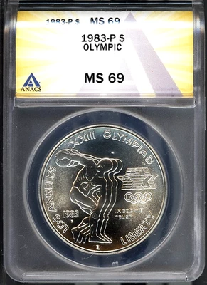 1983-S $1 Silver Olympic Dollar MS 69 ANACS # 7696073 + Bonus - Image 1 of 2